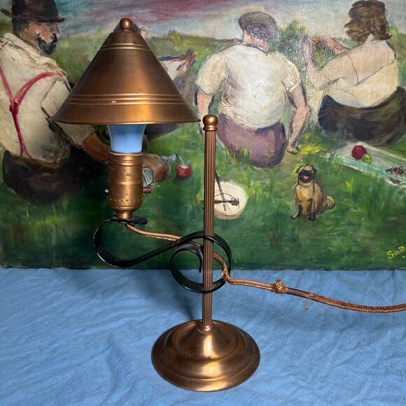 Vintage 30s Copper Desk Lamp and Clip Shade Black Iron Detail Cloth Cord - Picture 2 of 10